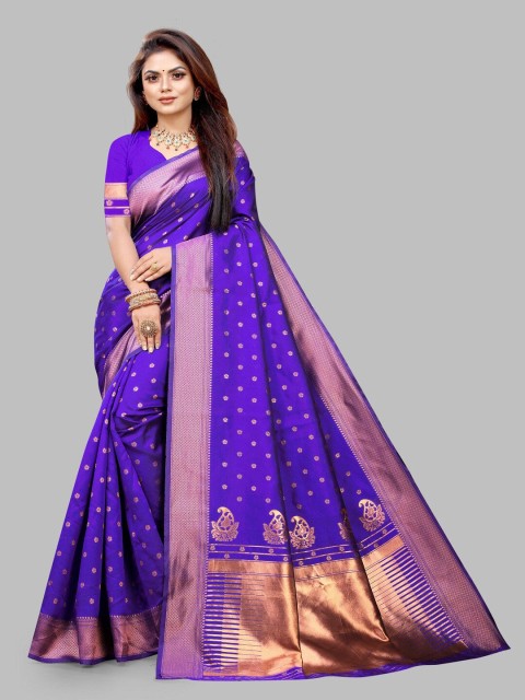 

Hinayat Fashion Violet & Gold-Toned Woven Design Zari Silk Blend Banarasi Saree