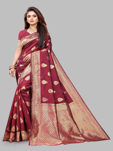 

Hinayat Fashion Maroon & Gold-Toned Woven Design Zari Silk Blend Banarasi Saree