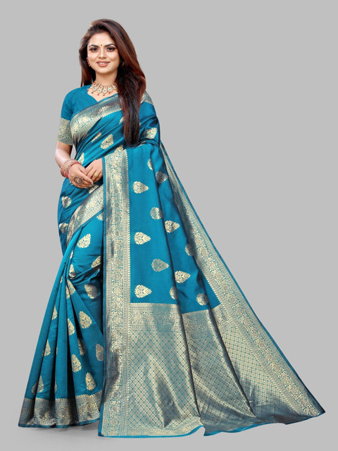 

Hinayat Fashion Teal & Gold-Toned Woven Design Zari Silk Blend Banarasi Saree