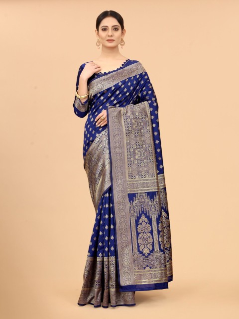 

WELL WORN Blue & Gold-Toned Woven Design Zari Silk Cotton Ready to Wear Banarasi Saree