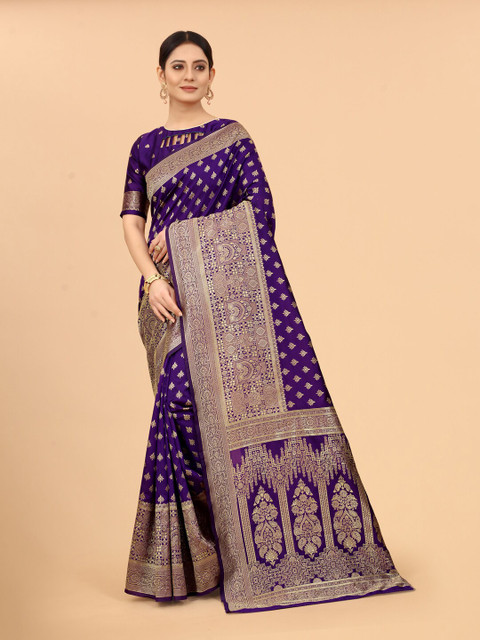 

WELL WORN Women Purple & Gold-Toned Zari Silk Cotton Ready to Wear Banarasi Saree