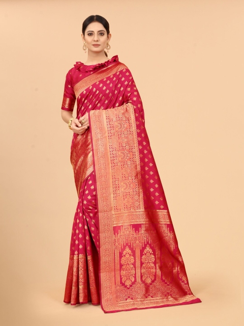 

WELL WORN Red & Gold-Toned Ethnic Motifs Zari Silk Cotton Banarasi Saree