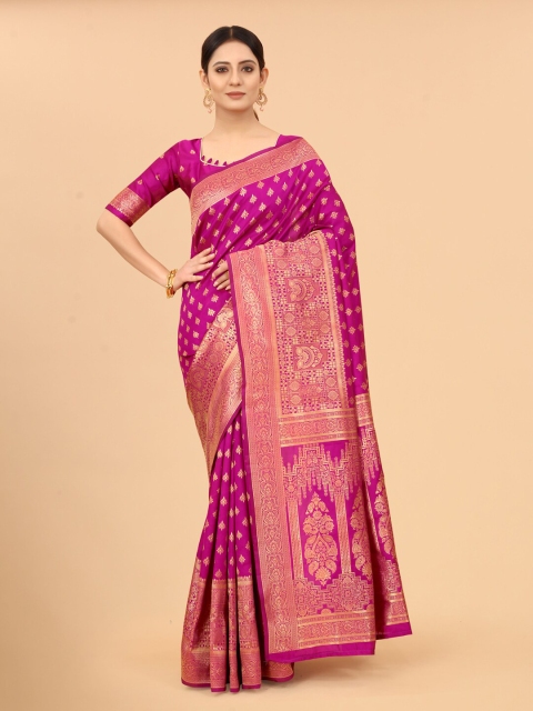 

WELL WORN Pink & Gold-Toned Woven Design Silk Cotton Ready to Wear Banarasi Saree