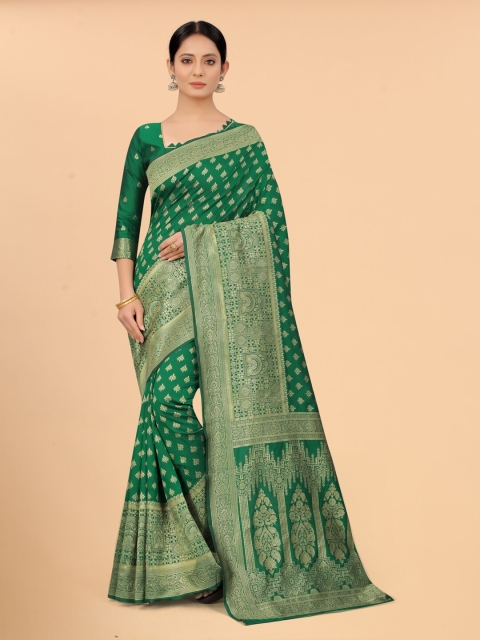 

WELL WORN Green & Gold-Toned Woven Design Zari Silk Cotton Banarasi Saree