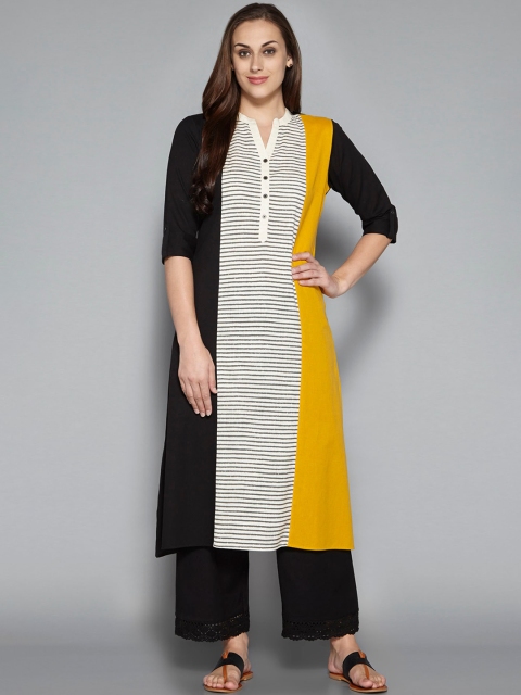 

Pistaa Women Black Cotton Striped Print A-Line Kurta