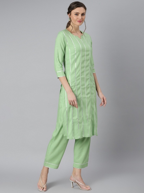 

Khushal K Women Green Striped High Slit Kurti with Trousers