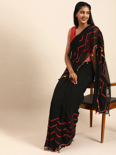 

Sangria Women Black Pure Georgette Sequinned Striped Party Tassel Border Saree
