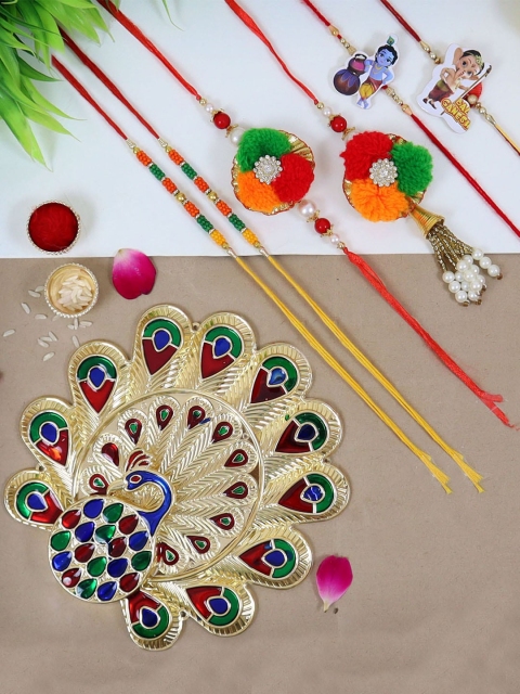 

TIED RIBBONS Set Of 6 Lumba Rakhi & Pooja Thali With Rolichawal, Orange