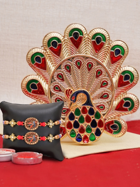

TIED RIBBONS Men Set of 2 Rakhi With Pooja Thali Plate & Roli Chawal, Gold