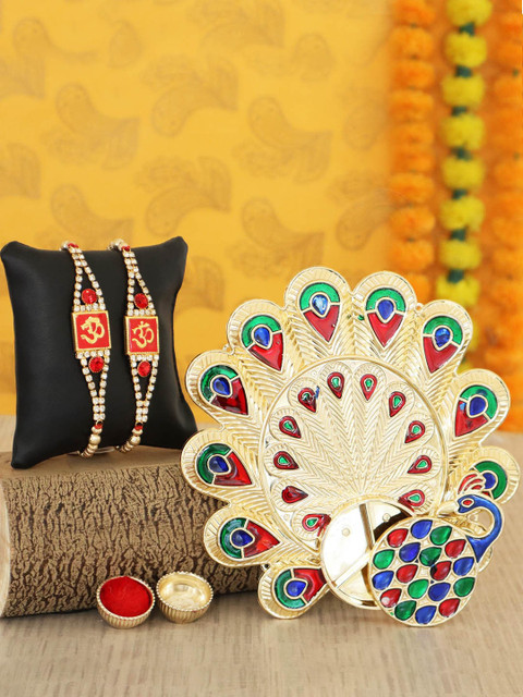 

TIED RIBBONS Men Set of 2 Gold-Toned & Red Stone Studded Rakhi with Peacock Pooja Thali Plate & Roli Chawal