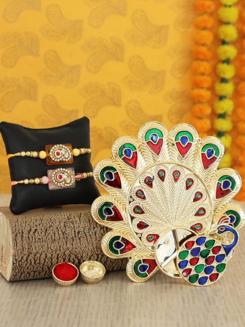 

TIED RIBBONS Set of 2 Multicolored Beaded Thread Rakhi with Peacock Pooja Thali, Multi