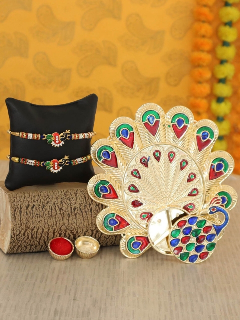 

TIED RIBBONS Set of 2 Peacock Rakhi With Peacock Pooja Thali Pack, Silver