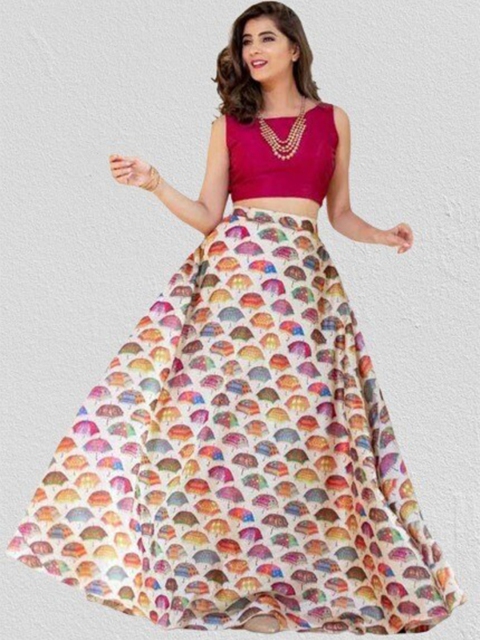 

Fashionuma Pink & Blue Printed Semi-Stitched Lehenga &