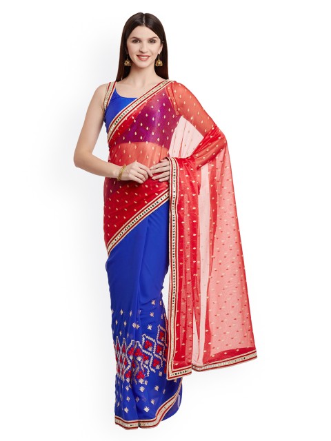 

Chhabra 555 Red & Blue Poly Georgette Woven Design Saree