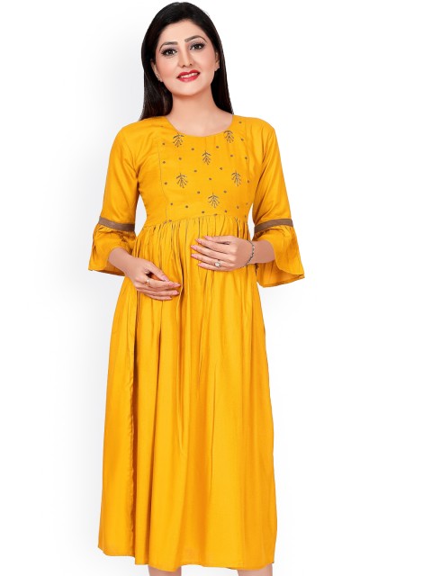 

Ayukti Women Gold-Toned Flared Sleeves Chikankari Maternity Kurta