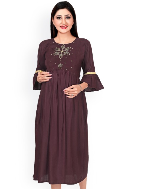 

Ayukti Women Brown Yoke Design Flared Sleeves Thread Work Maternity Anarkali Kurta