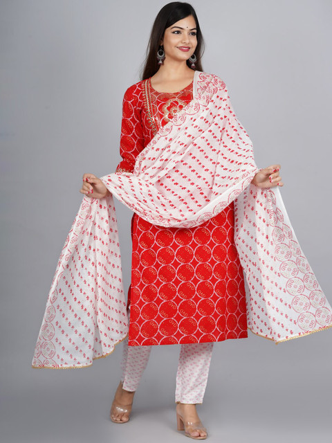 

NITVAN Women Red Ethnic Motifs Embroidered Layered Mirror Work Kurti with Churidar & With Dupatta