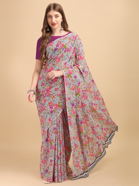 

Sangria Grey & Pink Floral Saree