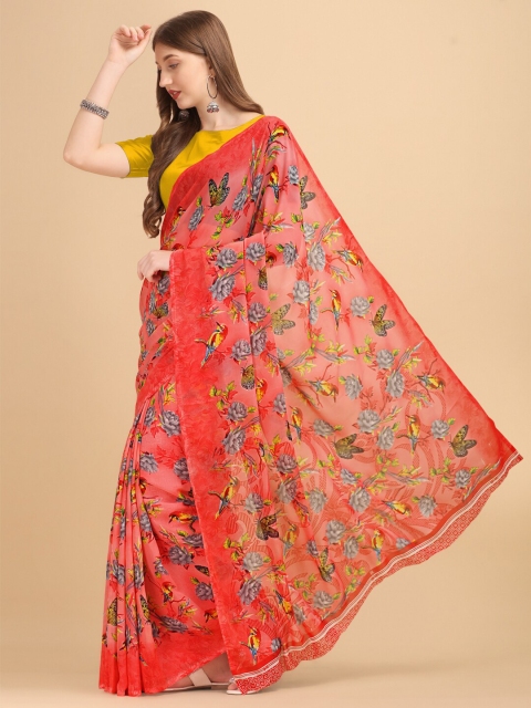 

Sangria Peach-Coloured & Grey Floral Saree