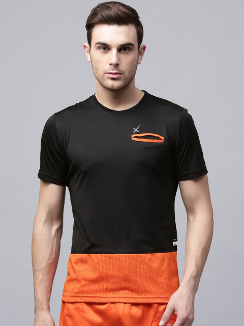 

HRX by Hrithik Roshan Men Black & Orange Colourblocked Round Neck T-shirt