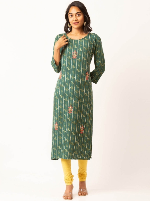 

ZOLA Women Rayon Round Neck Green Embroidery work Ethnic Wear Kurta