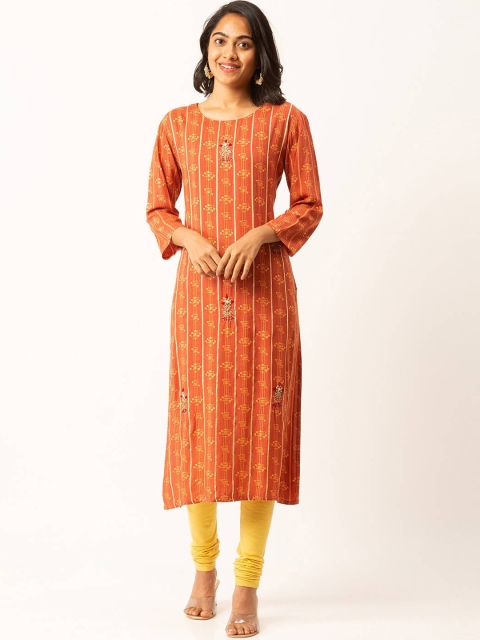

ZOLA Women Rust Flared Sleeves Floral Thread Work Striped Kurta Plus Size
