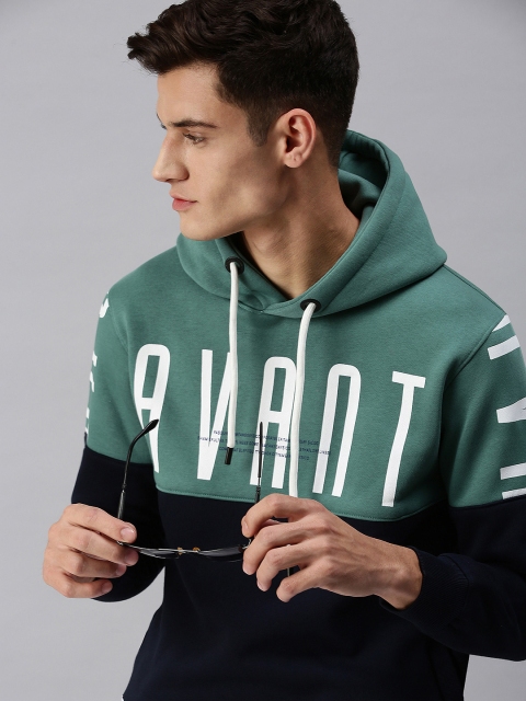 

SHOWOFF Men Green & Navy Colourblocked Typography Printed Hooded Sweatshirt