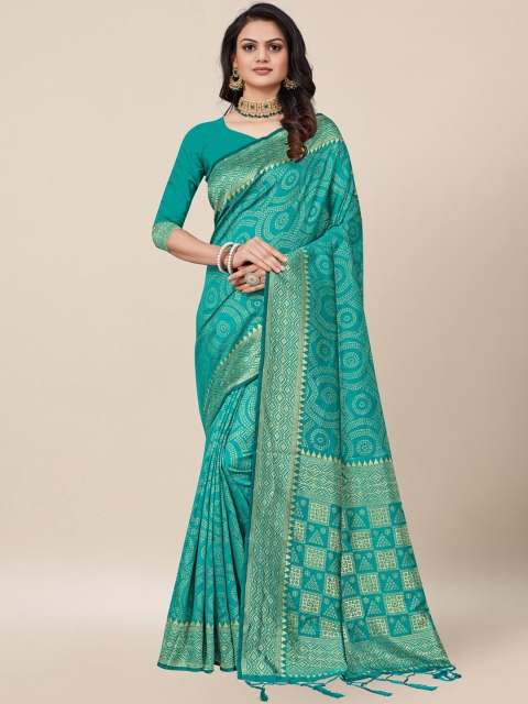 

AYKA CLOTHINGS Turquoise Blue & Gold-Toned Woven Design Zari Silk Cotton Heavy Work Banarasi Saree
