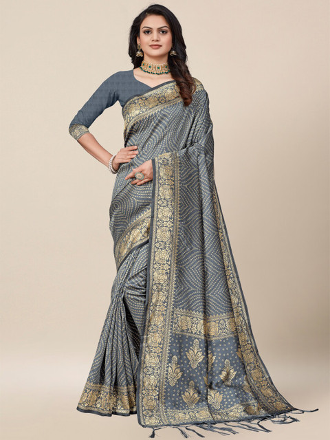 

AYKA CLOTHINGS Teal & Gold-Toned Bandhani Zari Silk Cotton Heavy Work Banarasi Saree
