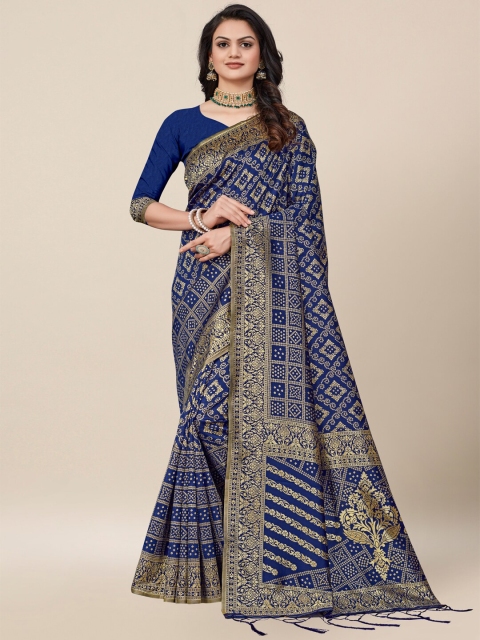 

AYKA CLOTHINGS Women Blue & Gold Woven Design Zari Silk Cotton Heavy Work Banarasi Saree