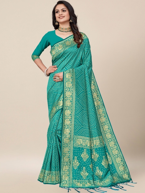 

AYKA CLOTHINGS Turquoise Blue & Gold-Toned Ethnic Motifs Zari Silk Cotton Banarasi Saree