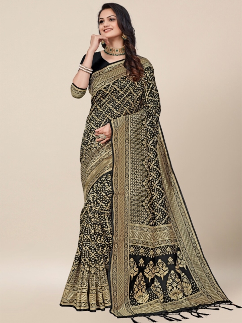

AYKA CLOTHINGS Black & Gold-Toned Bandhani Zari Silk Cotton Banarasi Saree