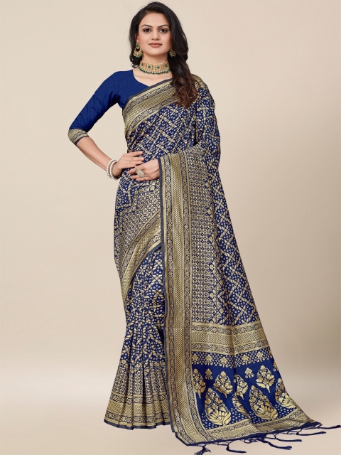 

AYKA CLOTHINGS Blue & Gold-Toned Bandhani Zari Silk Cotton Heavy Work Banarasi Saree