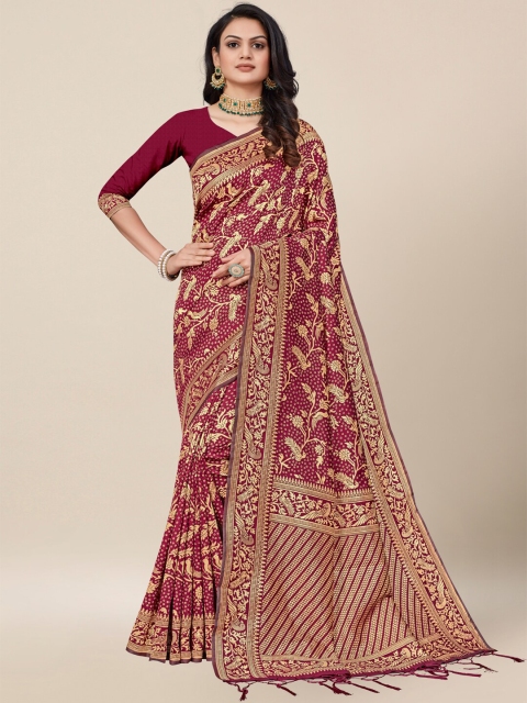 

AYKA CLOTHINGS Maroon & Gold-Toned Bandhani Zari Silk Cotton Heavy Work Banarasi Saree