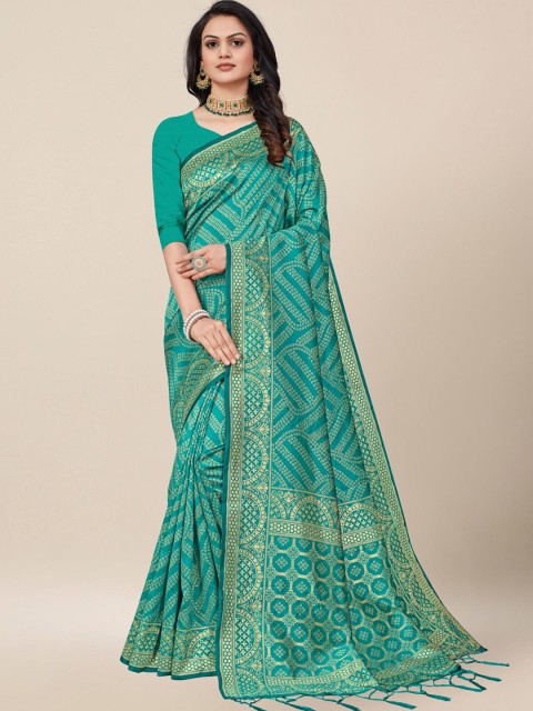 

AYKA CLOTHINGS Turquoise Blue & Gold-Toned Bandhani Zari Silk Cotton Heavy Work Banarasi Saree