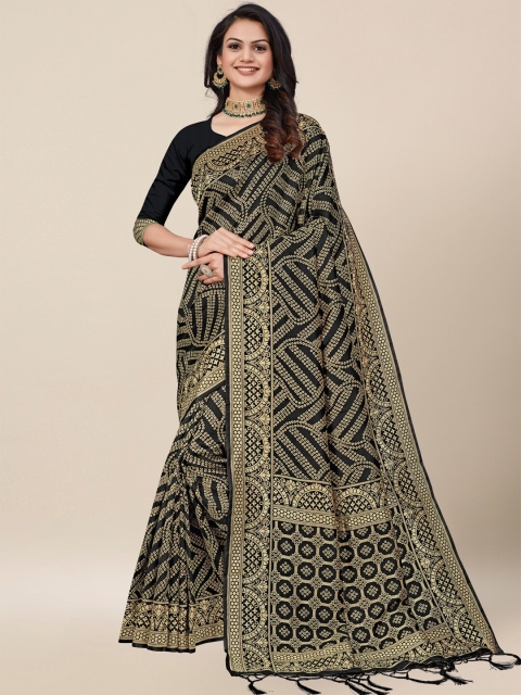 

AYKA CLOTHINGS Women Black & Black Bandhani Zari Silk Cotton Heavy Work Banarasi Saree