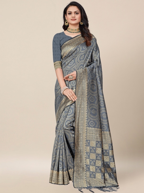 

AYKA CLOTHINGS Teal & Gold-Toned Bandhani Zari Silk Cotton Heavy Work Banarasi Saree