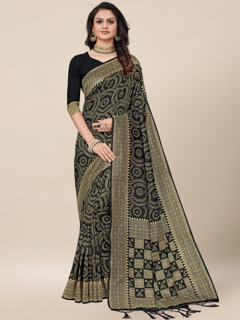 

AYKA CLOTHINGS Black & Gold-Toned Bandhani Zari Silk Cotton Banarasi Saree