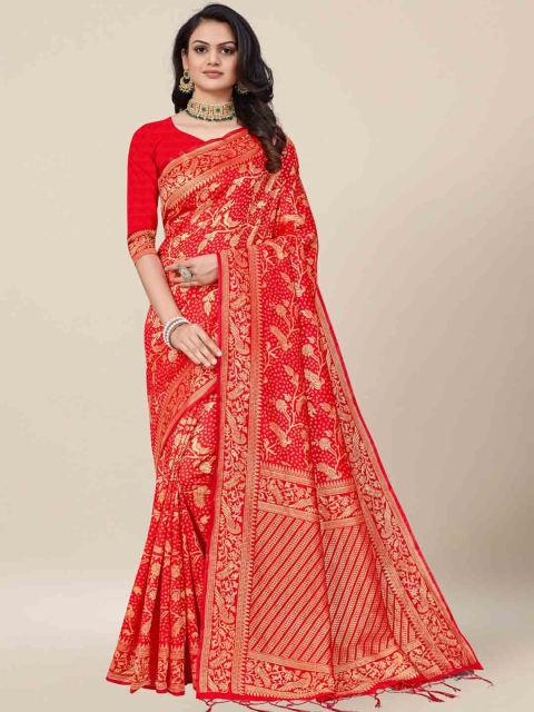 

AYKA CLOTHINGS Red & Gold-Toned Bandhani Zari Silk Cotton Heavy Work Banarasi Saree