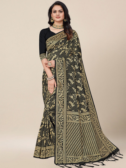 

AYKA CLOTHINGS Black & Gold-Toned Bandhani Zari Silk Cotton Heavy Work Banarasi Saree