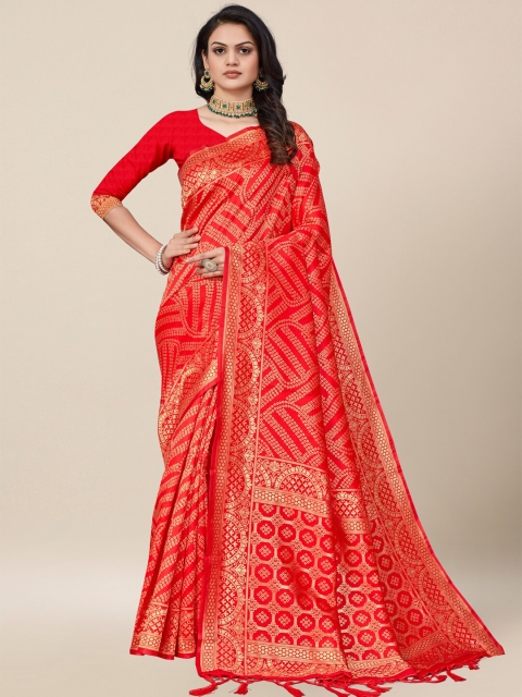 

AYKA CLOTHINGS Red Bandhani Zari Silk Cotton Heavy Work Bandhani Saree