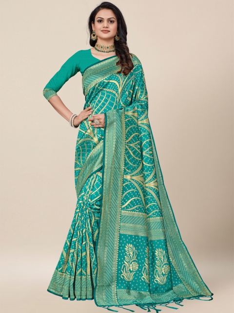 

AYKA CLOTHINGS Women Turquoise Blue & Gold-Toned Bandhani Zari Heavy Work Banarasi Saree