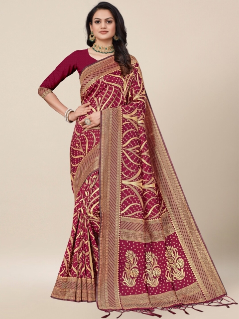 

AYKA CLOTHINGS Maroon & Gold-Toned Bandhani Zari Silk Cotton Banarasi Saree