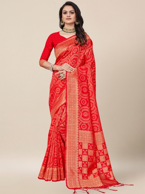 

AYKA CLOTHINGS Red & Gold-Toned Bandhani Zari Silk Cotton Heavy Work Banarasi Saree