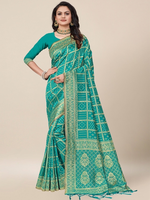 

AYKA CLOTHINGS Blue & Gold-Toned Bandhani Banarasi Saree, Turquoise blue