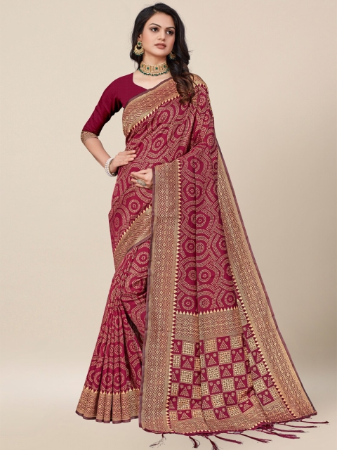

AYKA CLOTHINGS Maroon & Gold-Toned Bandhani Zari Silk Cotton Banarasi Saree
