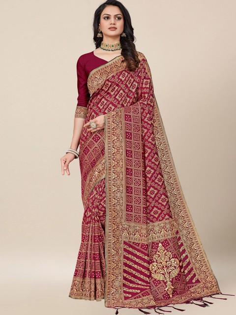 

AYKA CLOTHINGS Maroon & Gold-Toned Bandhani Zari Silk Cotton Banarasi Saree
