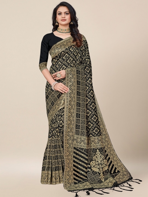 

AYKA CLOTHINGS Black & Gold-Toned Bandhani Zari Silk Cotton Saree