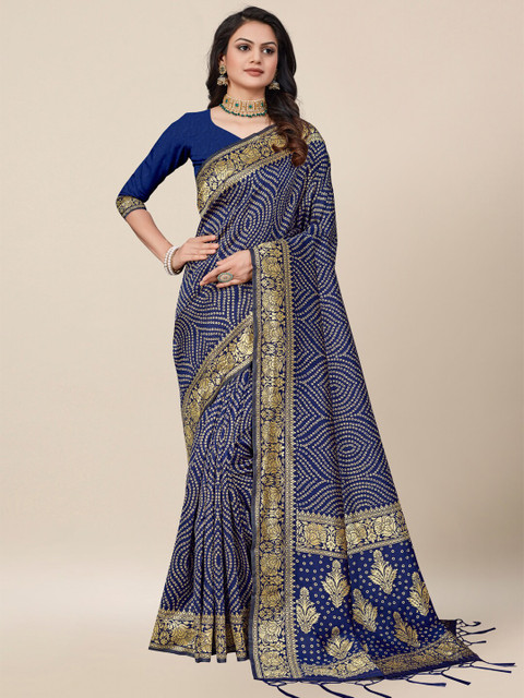 

AYKA CLOTHINGS Blue & Gold-Toned Bandhani Zari Silk Cotton Banarasi Saree