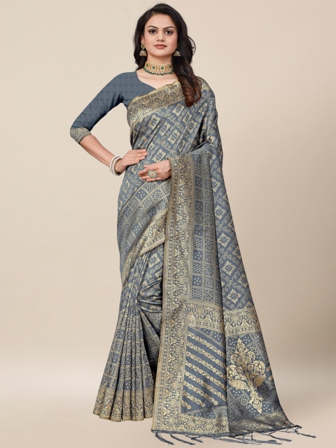 

AYKA CLOTHINGS Teal & Gold-Toned Bandhani Zari Silk Cotton Heavy Work Banarasi Saree